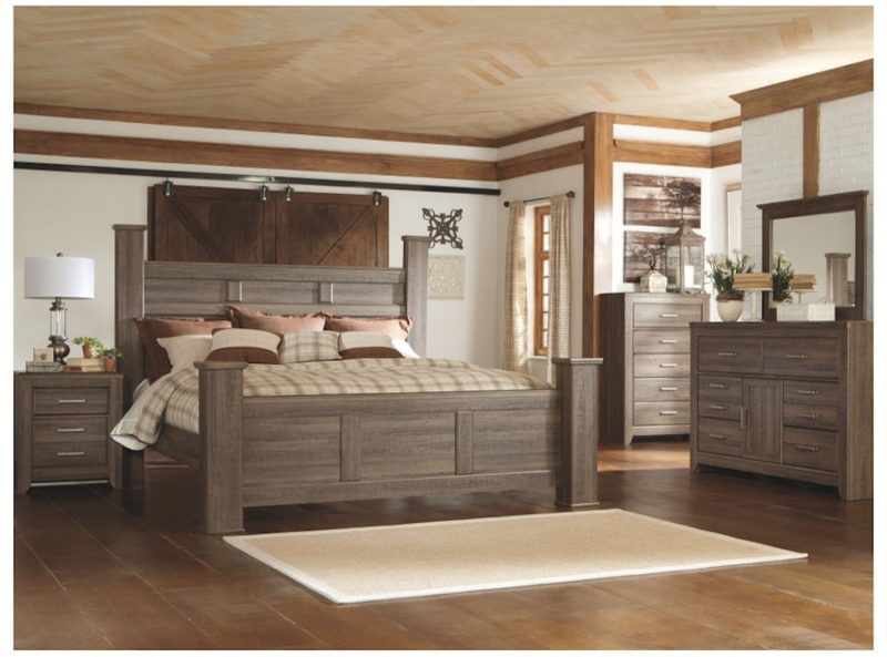 Bedroom Set Weathered Wood Finish Four Poster Frame Plank Headboard