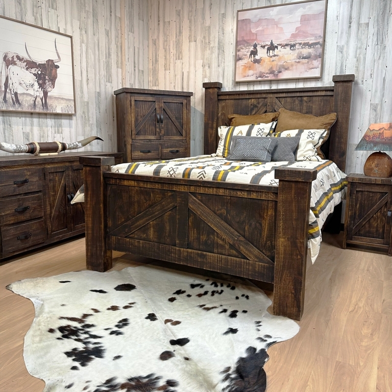 Bedroom Set Western Dark Brown Distressed Finish Plank Headboard