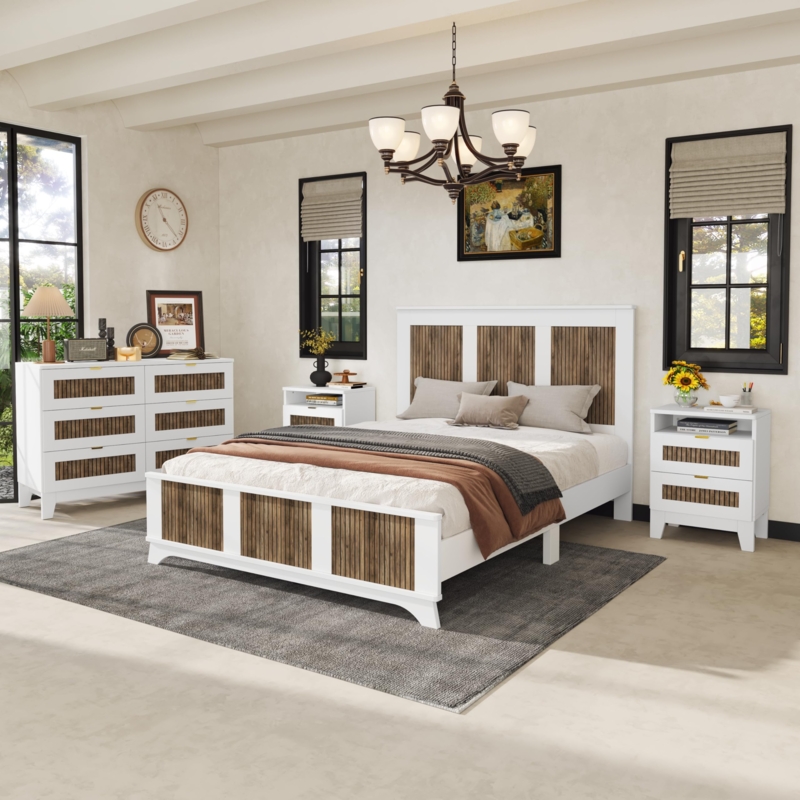 Bedroom Set White and Oak Farmhouse with Vertical Slat Detailing