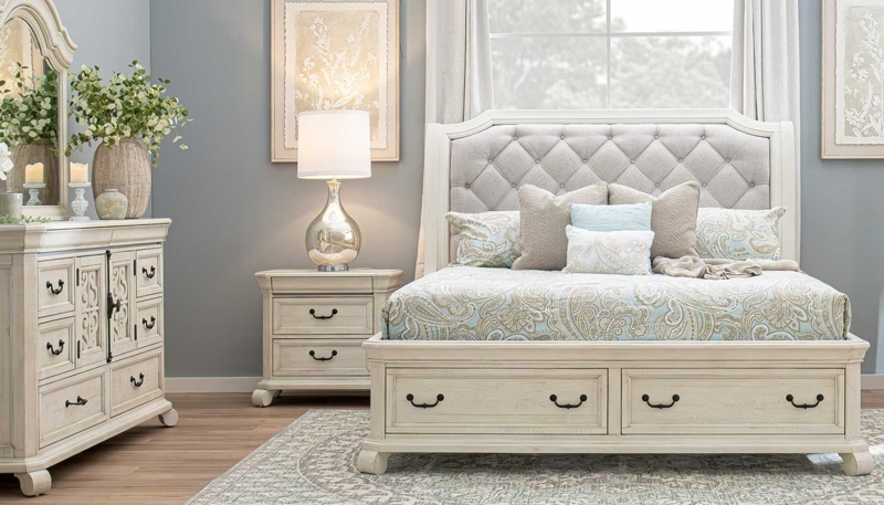 Bedroom Set White Finish Footboard Storage Dark Hardware Transitional