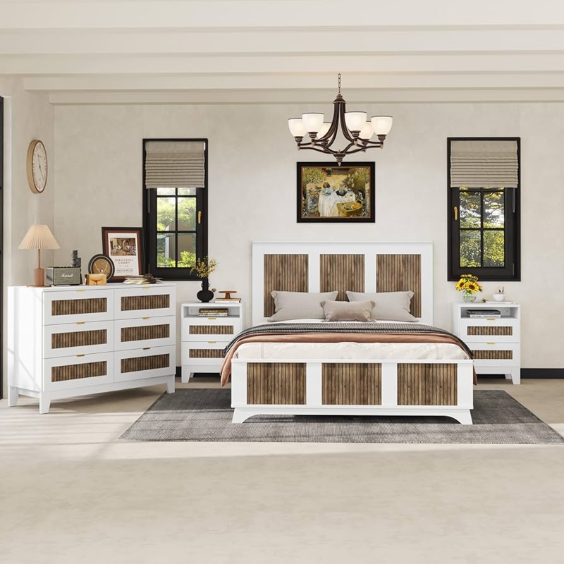 Bedroom Set White Finish Vertical Slats Gold Tapered Legs Airy