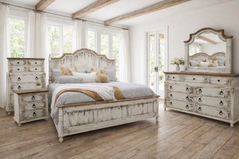 Bedroom Set with Arched Headboard Silhouette Two-Tone French Country
