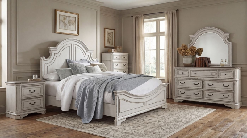 Bedroom Set with Arched Panel Headboard Distressed Whitewash Finish