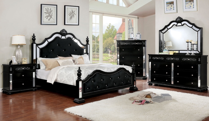 Bedroom Set with Button Tufted Headboard and Metal Pulls