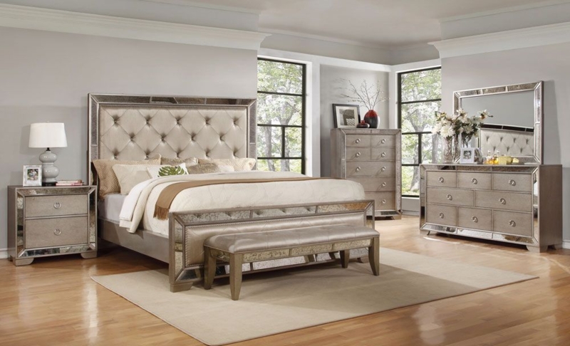 Bedroom Set with Champagne Finish, Mirrored Accents and Button Tufting