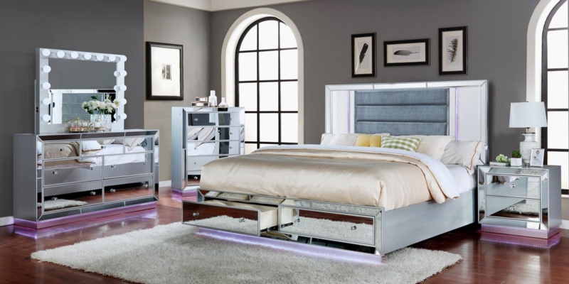 Bedroom Set with Integrated LED Lighting and Mirrored Inlay