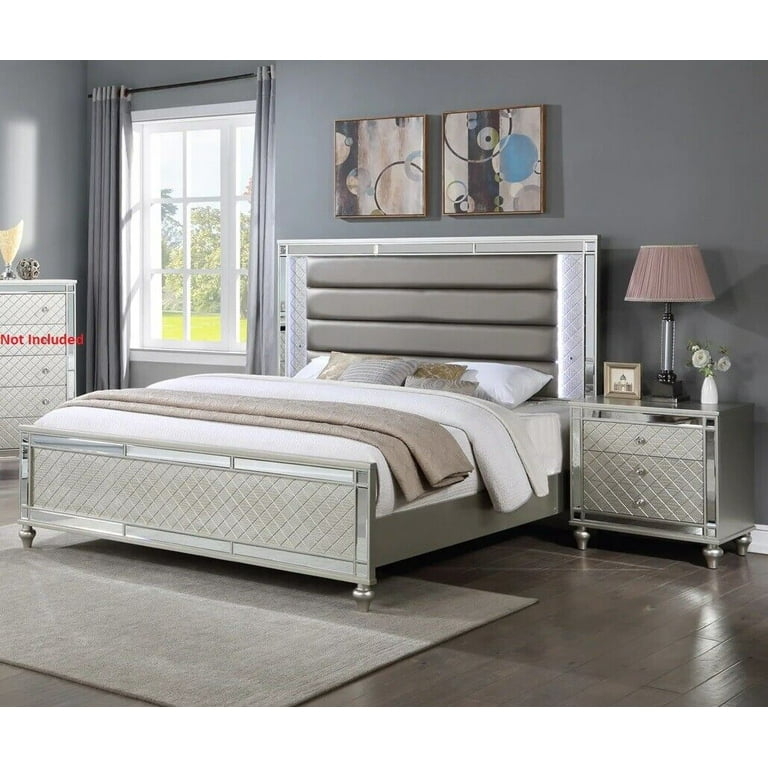 Bedroom Set with LED Backlit Headboard and Mirrored Trim