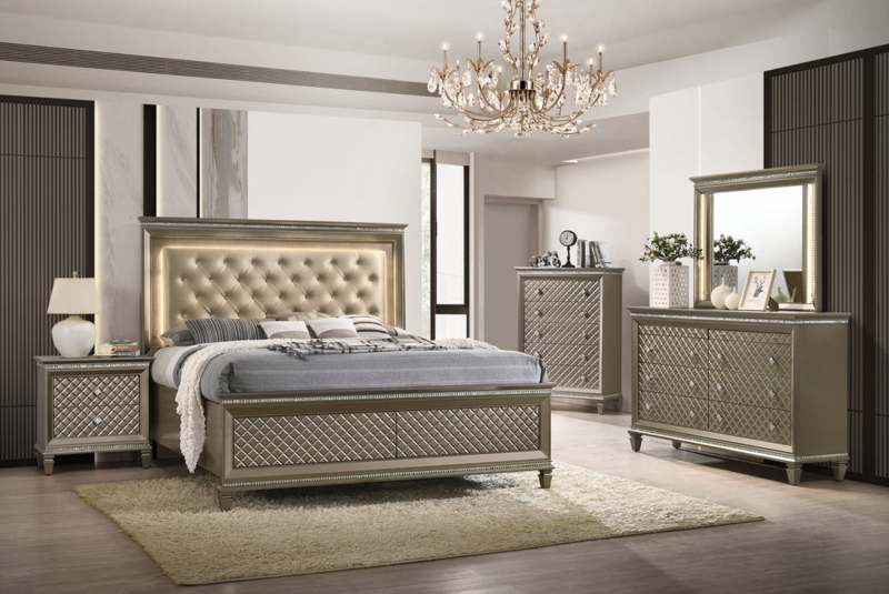 Bedroom Set with Metallic Gold Finish, Mirrored Inlays, and Cresting