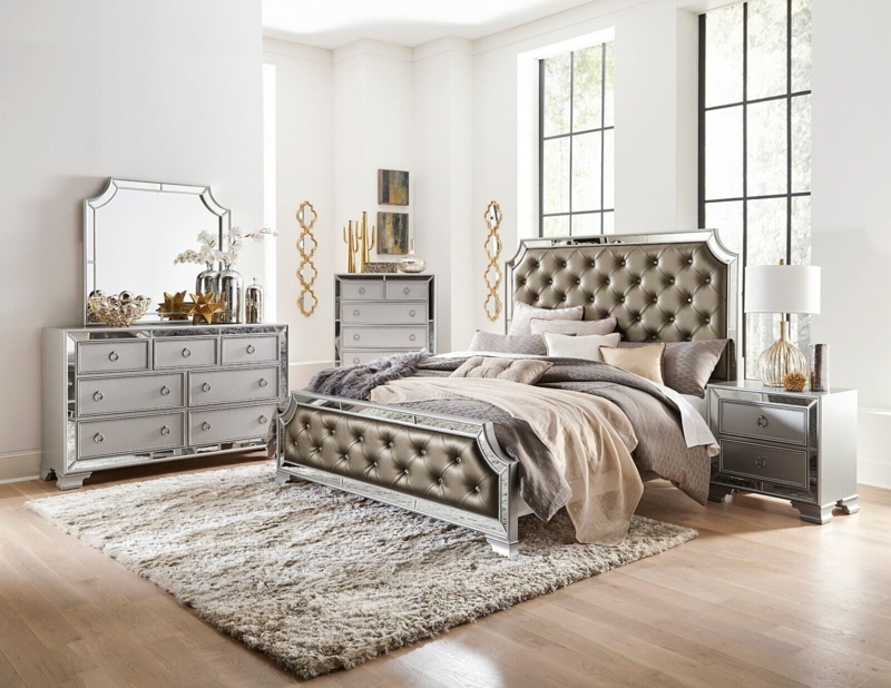 Bedroom Set with Mirrored Framing and Button Tufted Silver Finish