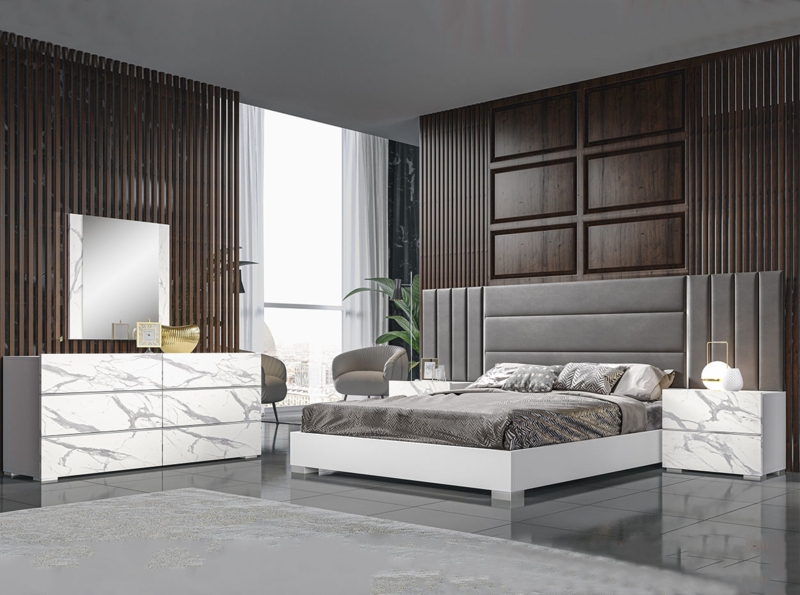 Bedroom Set with Oversized Tufted Headboard and Warm Wood Grain