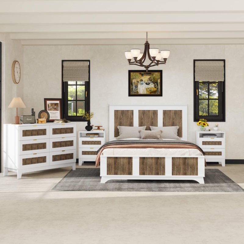 Bedroom Set with Storage Bench Slatted Headboard Two Tone Finish