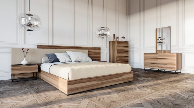 Bedroom Set with Walnut Wood Grain and Tall Upholstered Headboard