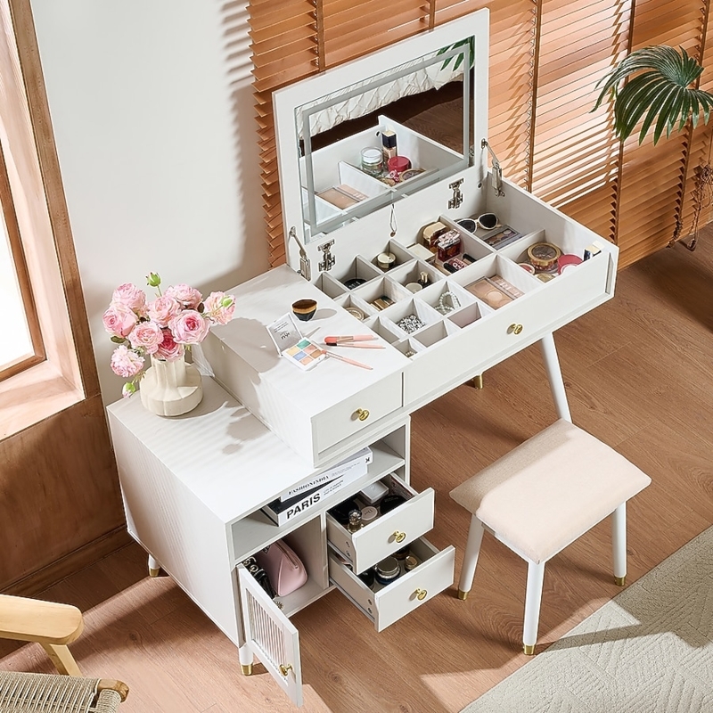 Bedroom Vanity with Adjustable Storage and Flip-Top Mirror