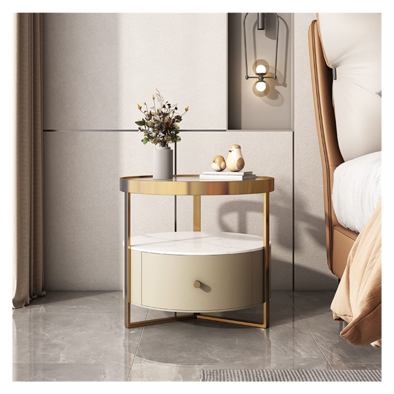 Bedside Table Open Cube Design Brass Frame Charcoal Stone Look