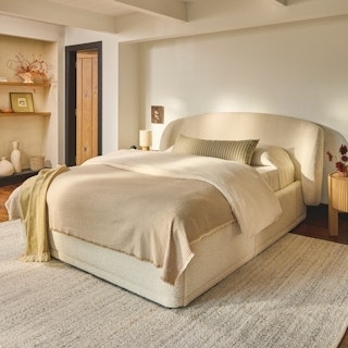 Beige Boucle Storage Bed with Low Profile and Rounded Corner Design