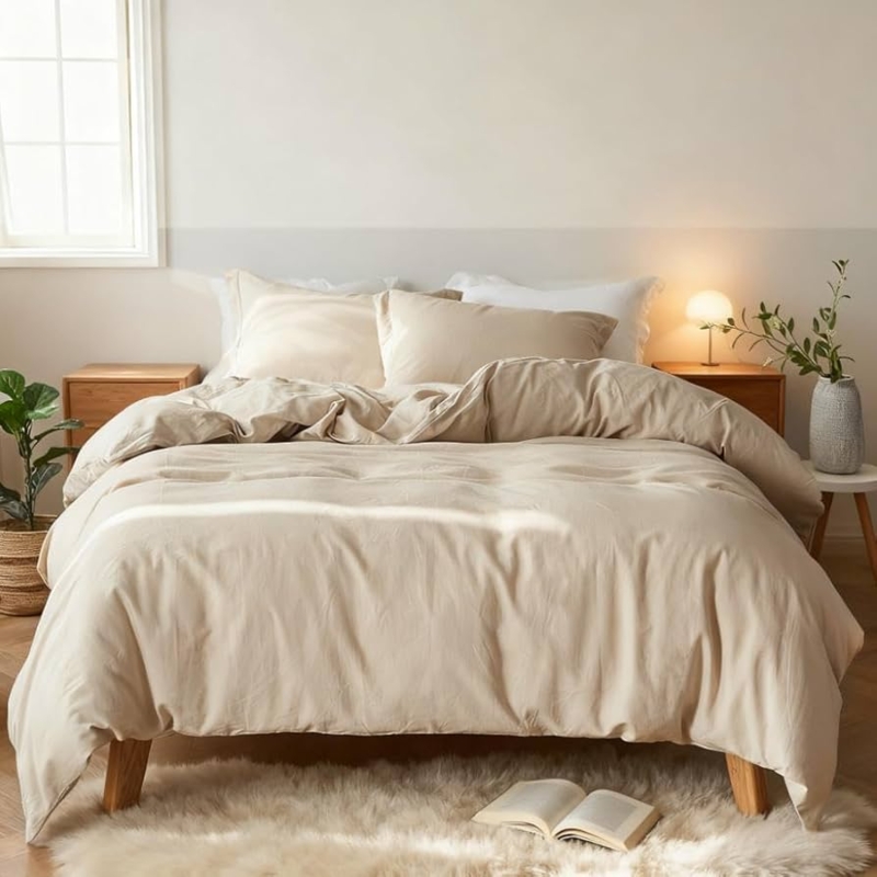 Beige Duvet Cover Set Linen Like Crinkled Texture Farmhouse Earthy
