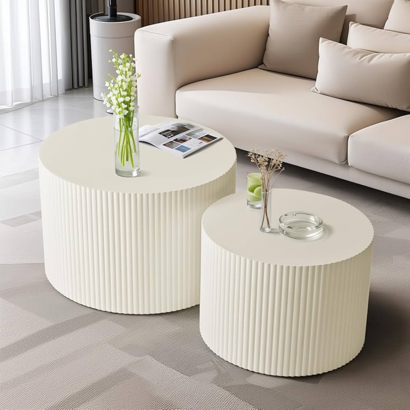Beige Japandi Nesting Coffee Tables Fluted Drum Set