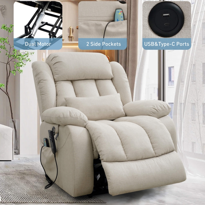 Beige Linen-Like Power Lift Recliner with Overstuffed Padding