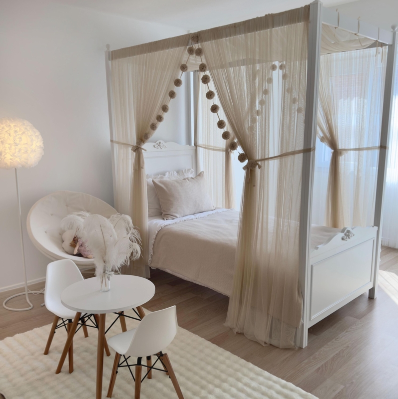 Beige Linen-Texture Canopy Bed Curtains Floor Length Drapes