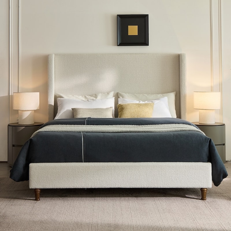 Beige Upholstered Platform Bed with Tall Vertical Channel Tufting