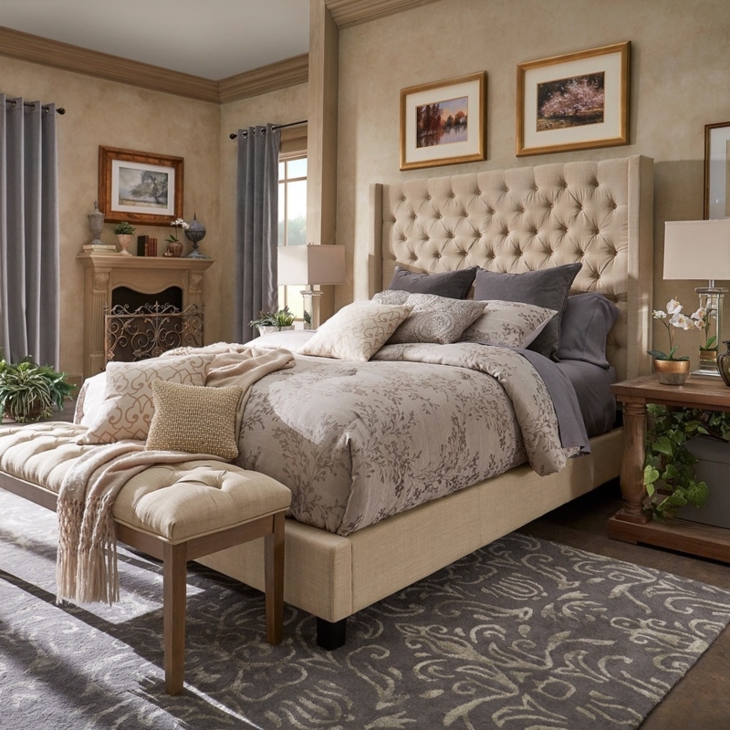 Beige Upholstered Wingback Bed with Diamond Button Tufting