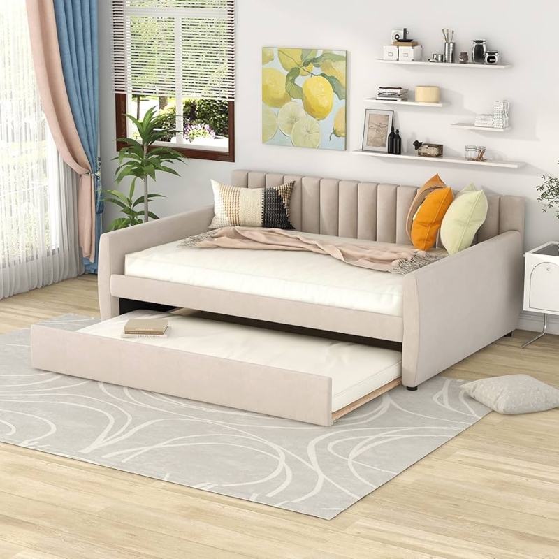 Beige Velvet Daybed with Channel Tufting and Trundle
