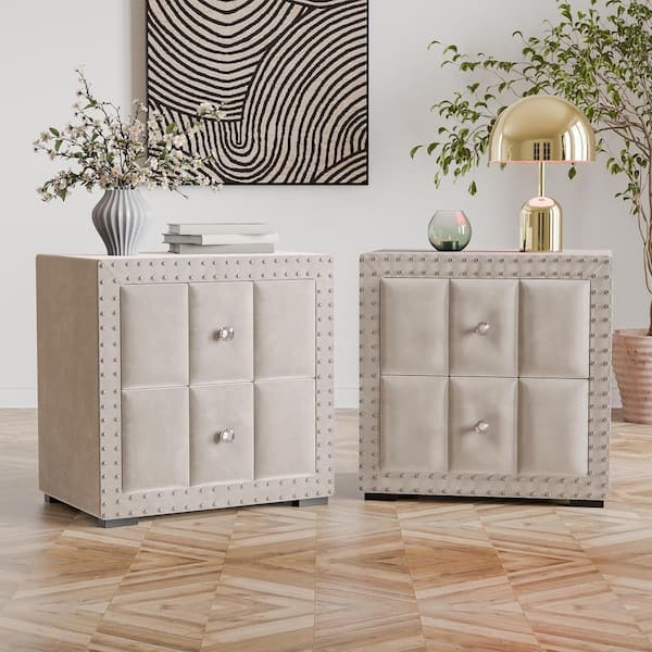 Beige Velvet Upholstered Nightstand with USB Ports and Metal Legs