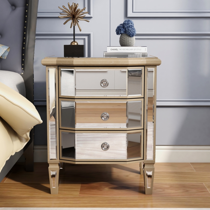 Beveled Mirrored Nightstand Three Drawers Crystal Knobs Silver Polished