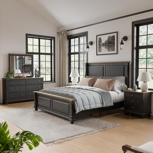 Black Bedroom Set Tufted Headboard Silver Accents King Bed