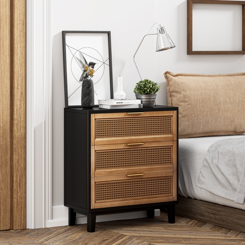Black Boho Chic Nightstand featuring Woven Cane Drawer Fronts
