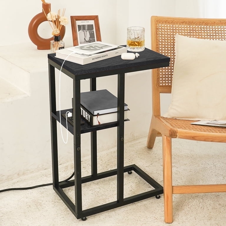 Black C-Shaped End Table 2-Tier with Integrated Charging Station