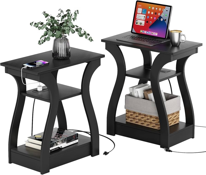 Black End Table Set 3-Tier Metal Frame with Charging Station
