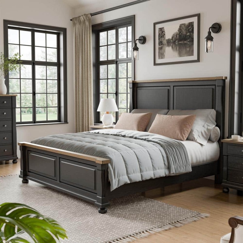 Black Farmhouse Panel Bed with Two-Tone Rustic Wood Accents