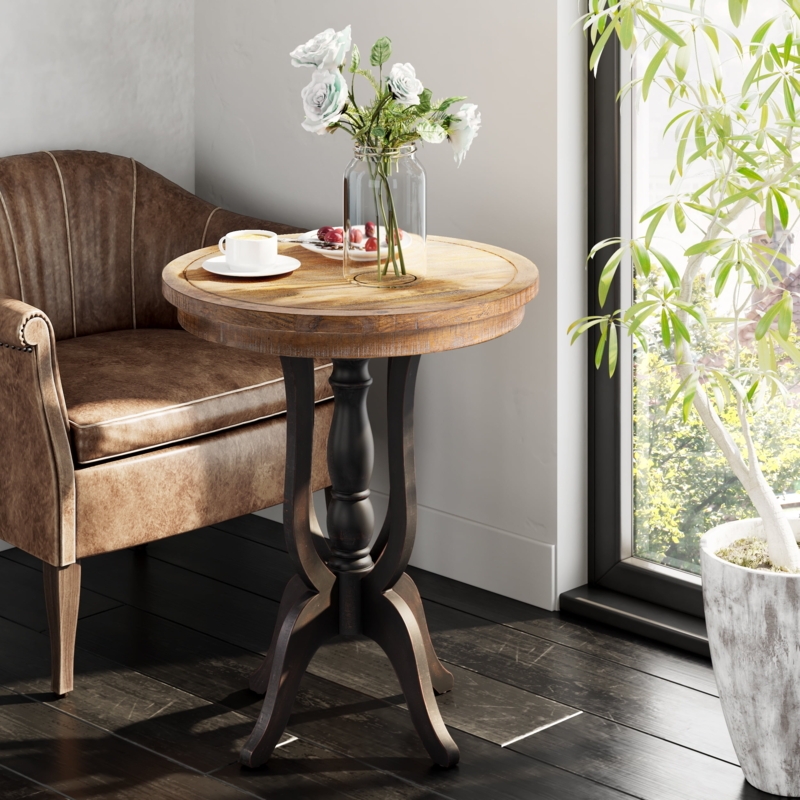 Black Fluted Pedestal End Table Natural Top Round Farmhouse