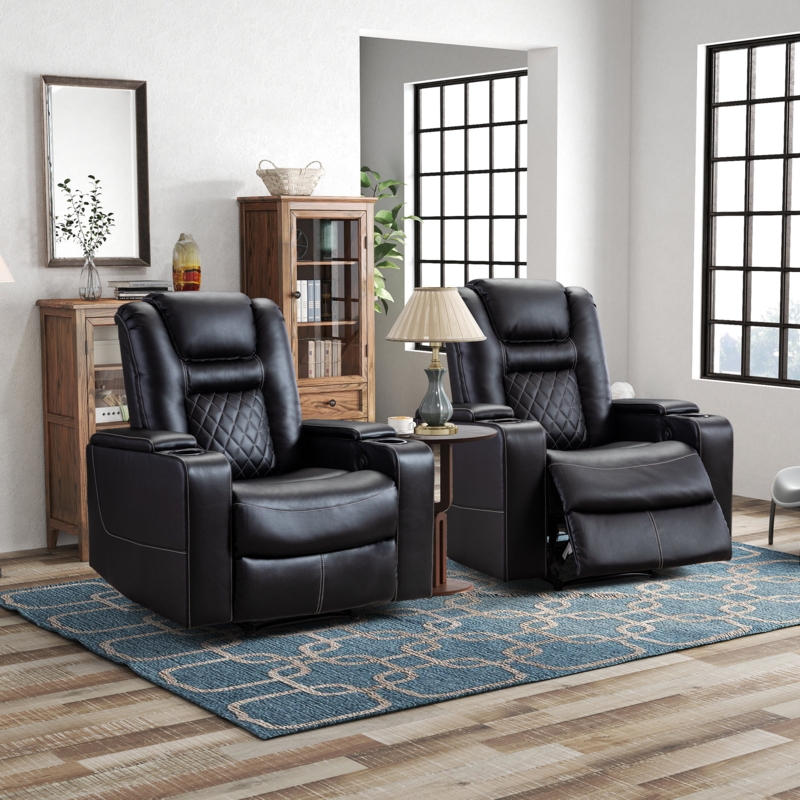 Black Home Theater Recliner with Integrated Cup Holders