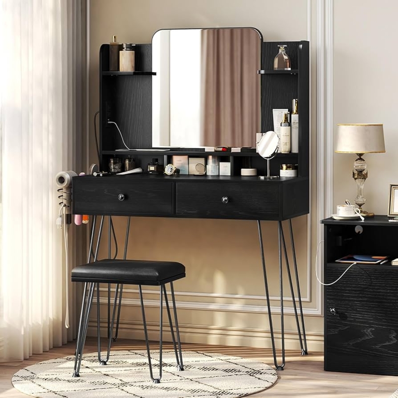 Black Industrial Glam Vanity with Hairpin Legs and Hollywood Mirror
