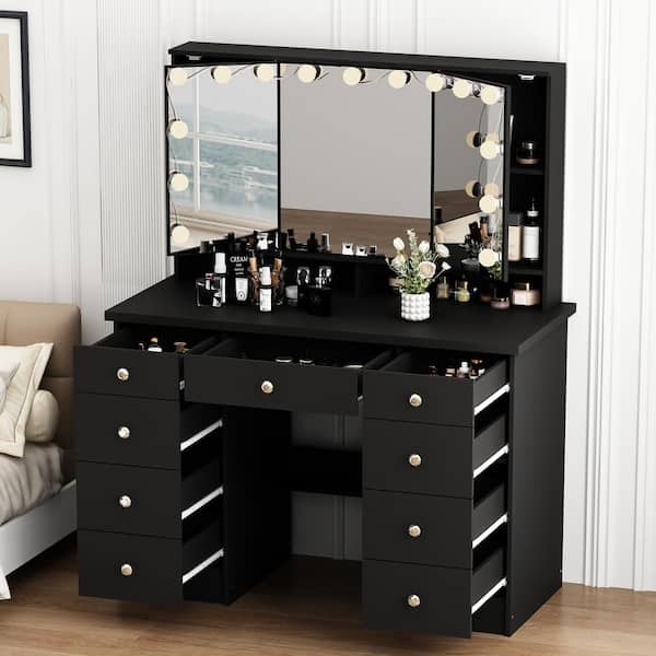 Black Makeup Vanity Triple Mirror Design with Integrated LED Bulbs