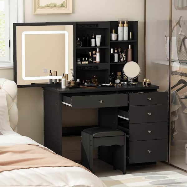 Black Makeup Vanity with Tiered Side Shelving, Modern Set