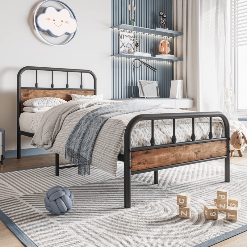Black Metal Bed Frame Vertical Spindle Design High Footboard Twin