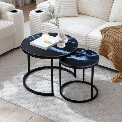 Black Metal Nesting Coffee Table Set, Round Wood Toned Silhouette