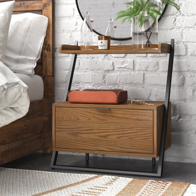Black Metal Nightstand with Mesh Side Panels and Three-Tier Storage