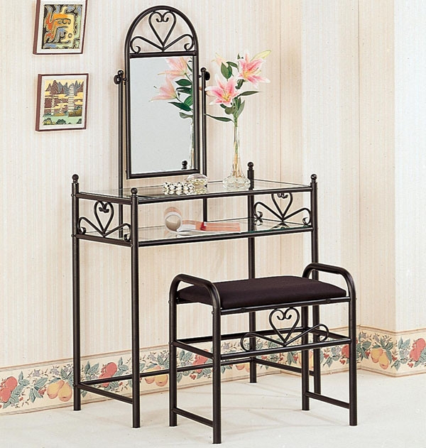 Black Metal Vanity Set with Arched Mirror and Tiered Glass Shelves