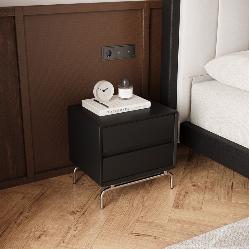 Black Minimalist Nightstand with Drawers, Leather-Like Finish, Gold Pulls