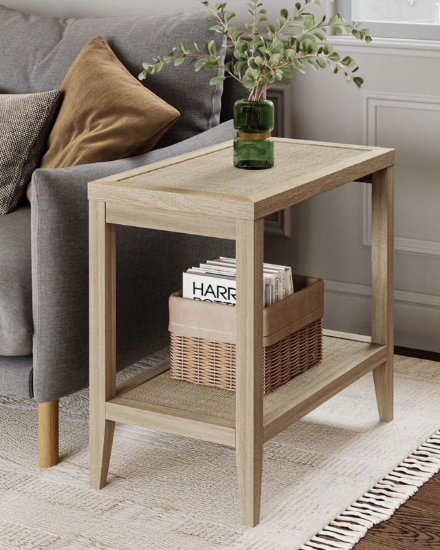 Black Narrow End Table Two Tier Woven Rattan Shelf Boho Style