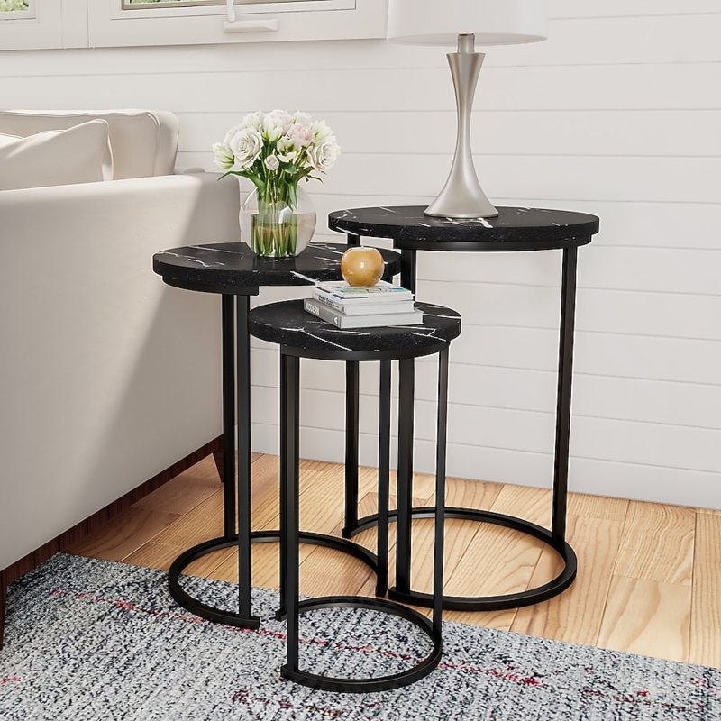 Black Nesting Side Tables, Faux Marble Tops, Cross Braced Base