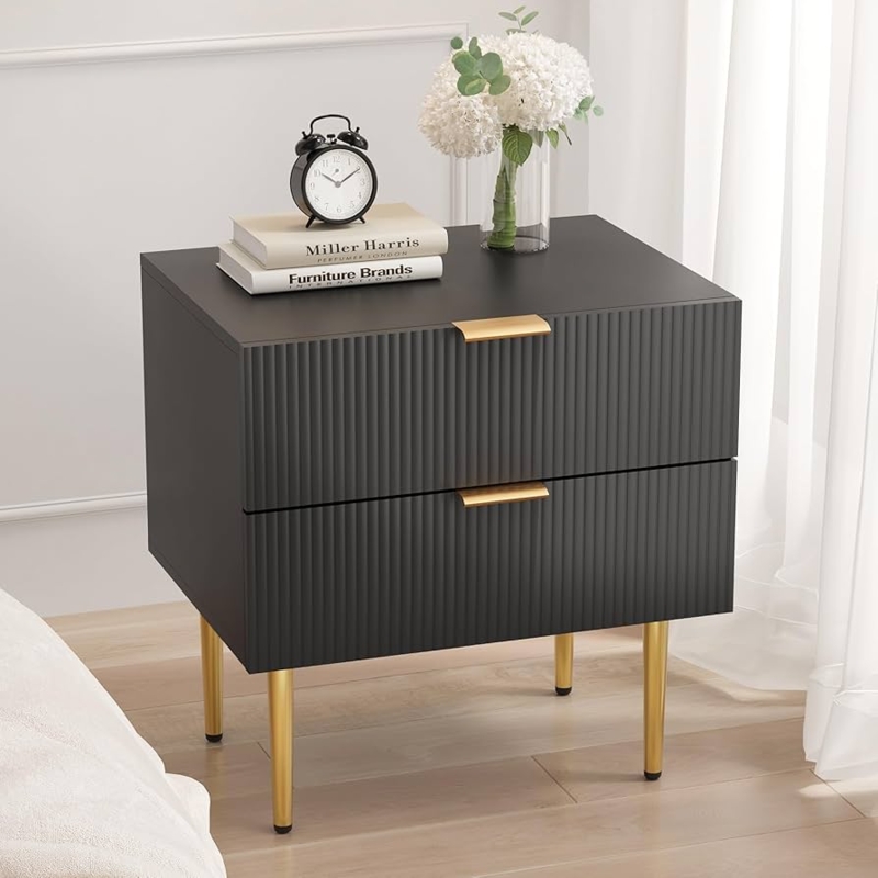 Black Nightstand featuring Fluted Fronts and Tapered Gold Legs