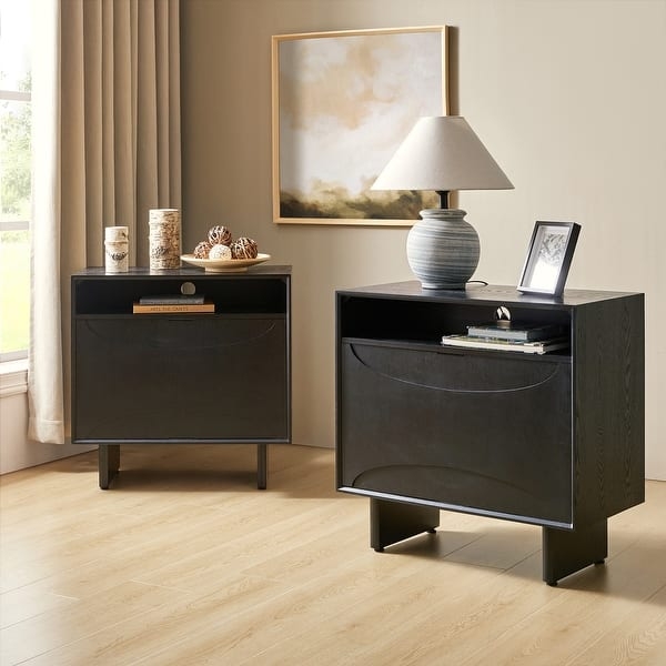 Black Nightstand Set Faux Marble Top Gold Tapered Legs Modern Storage
