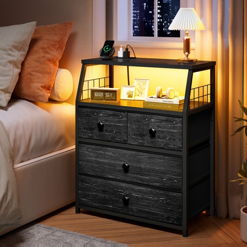 Black Nightstand Set with Fabric Drawers and LED Lighting