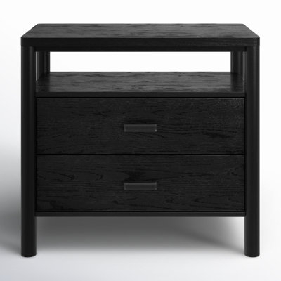 Black Nightstand Two-Drawer Matte Finish with Gold Hardware Knobs