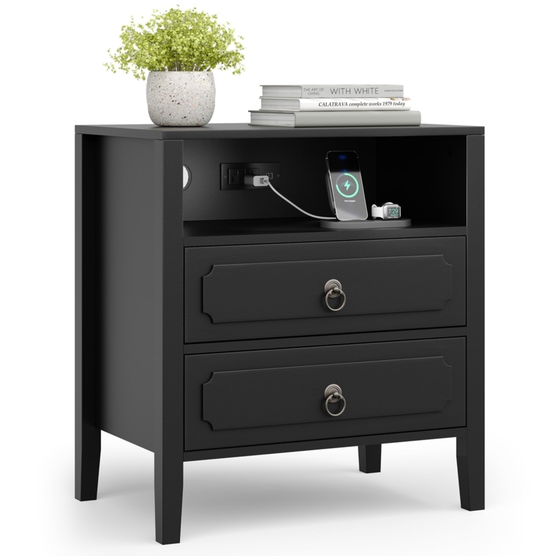Black Nightstand with Charging Station, Open Shelf, and Two Drawers
